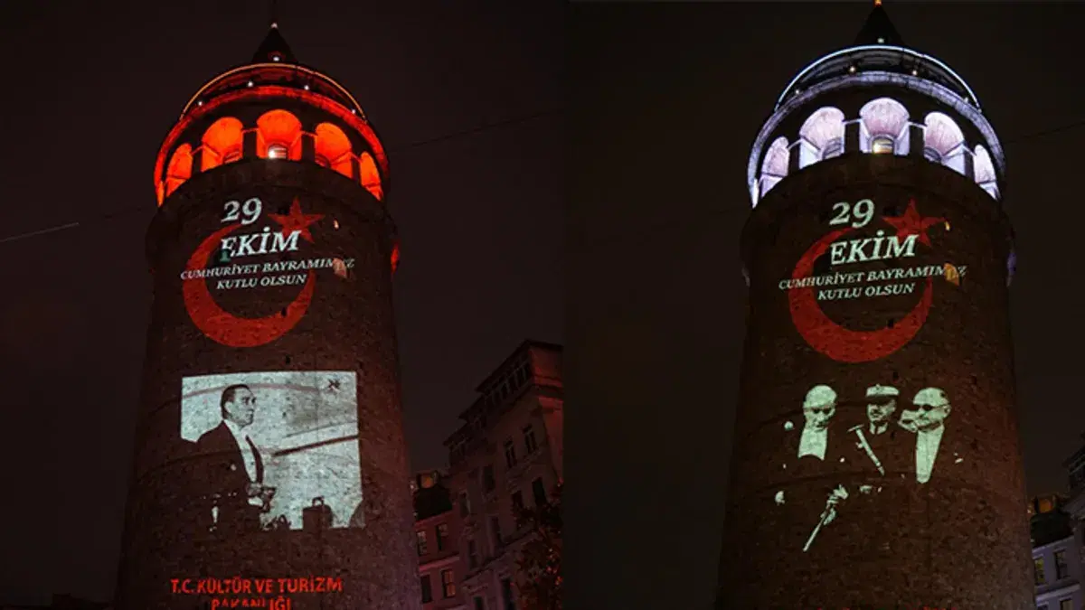 Galata Kulesi Cumhuriyet'in 103. yılında Atatürk fotoğraflarıyla aydınlandı